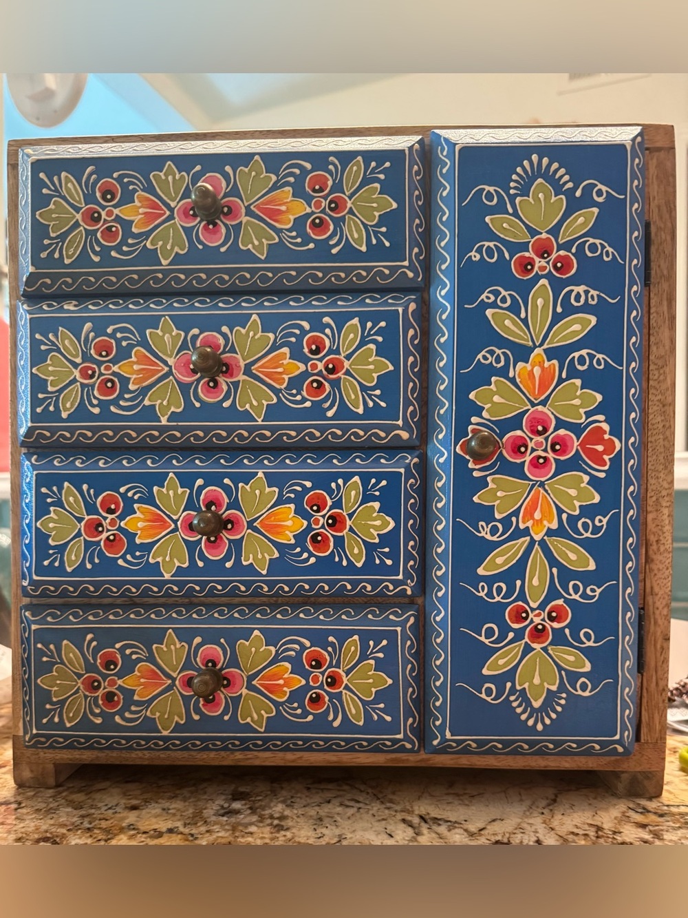 Sundance Hand-Painted Blue Floral Chest Panel with Pink, Orange & Green Accents